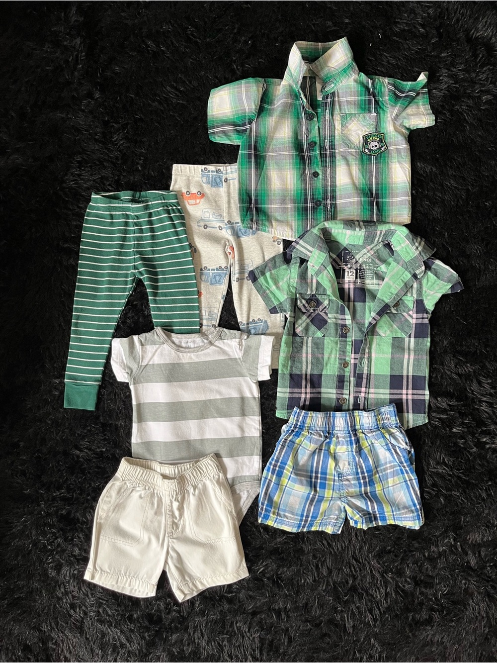 COTTON 12 Months Boy SKULL GREEN CHECKERED 7 Piece Bundle